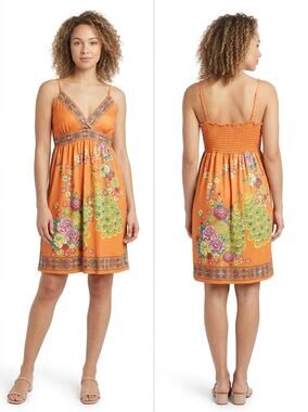 5th Culture Orange Mini Knit Smocked Sundress Dress Women Size M